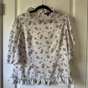 Lea & Viola Floral Puff Sleeve Top - Cream and Pink Large